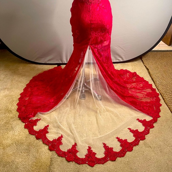 ONE OF A KIND! Red lace and sequin ball gown with neck line and train. - Picture 10 of 16